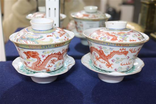 A pair of chinese famille rose dragon and phoenix rice bowls, c.1900 (9 pieces) height 10.5cm